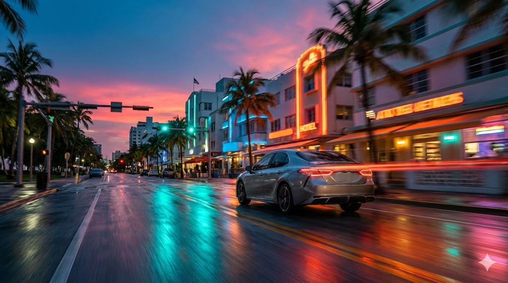 A car on a Miami street at golden hour