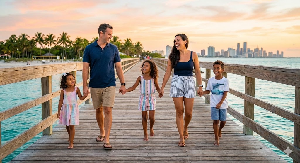A family together on a Miami pier at sunset